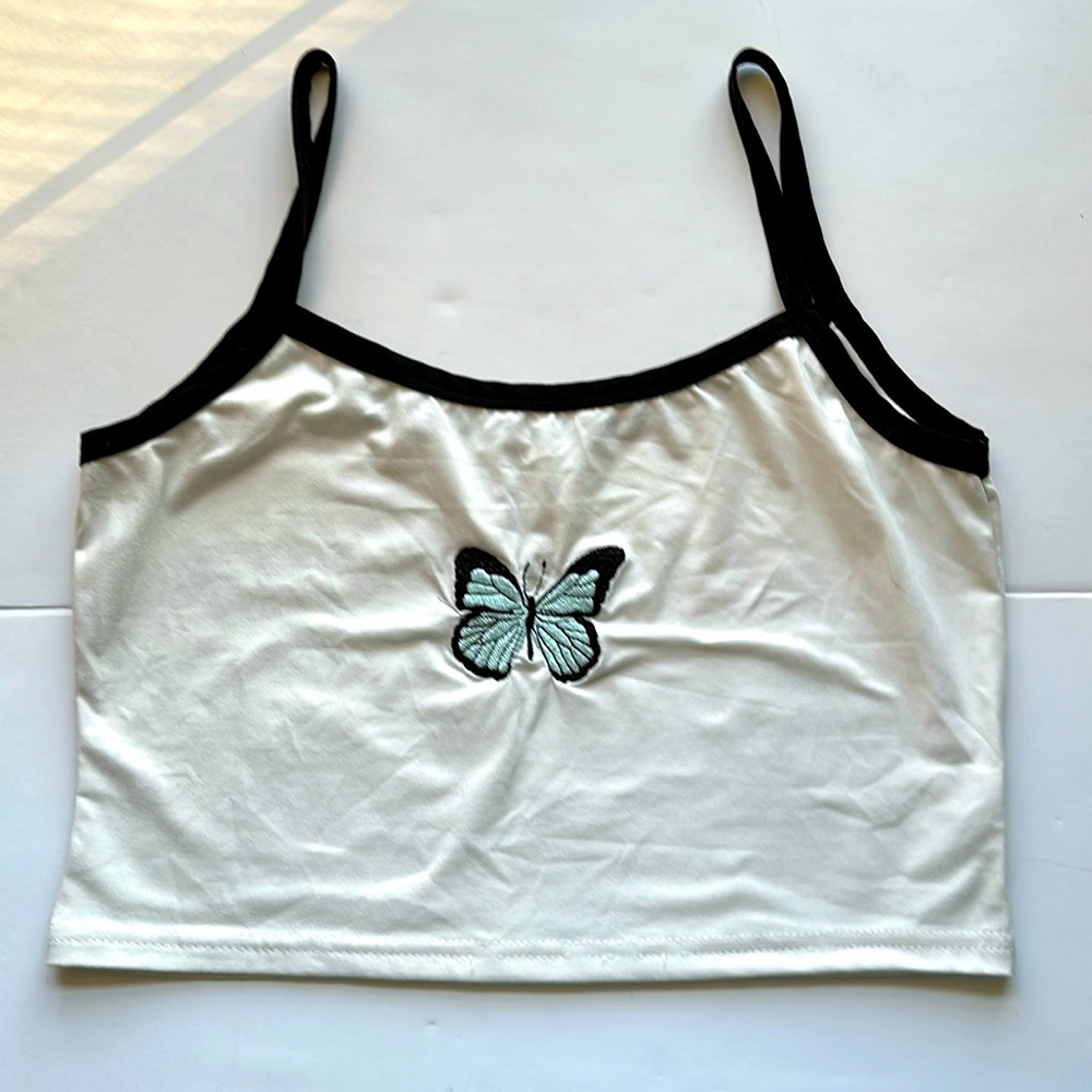 Romwe Cream White Blue Butterfly Crop Top